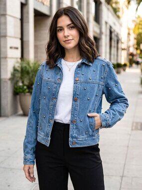 Isabel Marant Étoile Dilly Studded Jean Jacket Blue Denim Womens FR 34 (US XS-S)